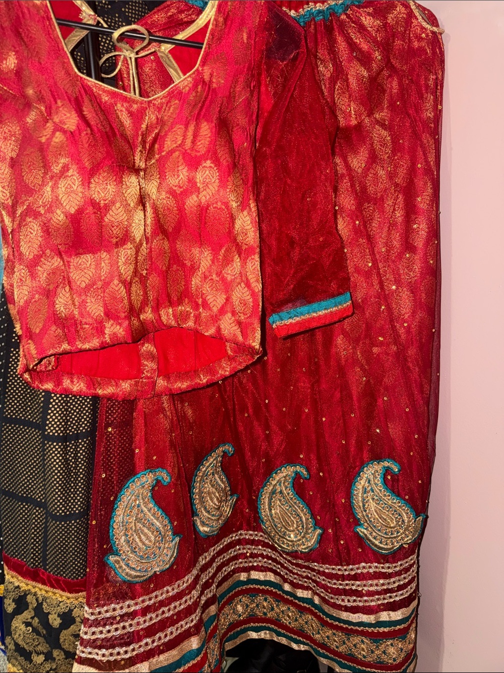 Red and Gold Embroidered Indian Lehenga Set with Teal Accents
